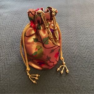 Exotic Birds Iridescent Textile Bag Pouch Purse Gold Chain Beautiful Unique